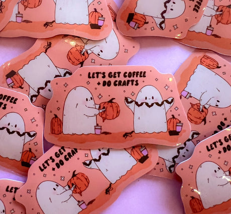 Bestie, hop in, we're going to get an over priced coffee and then do some crafts.

Cute little ghosts hanging out doing crafts with their little coffees.

2.5inch Waterproof Sticker
