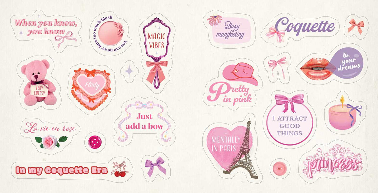 Celebrate your core coquette aesthetic with hundreds of stickers to decorate phones, laptops, ereaders, notebooks, and more in that very femme and demure style.

Ruffles and ribbons. Bows and ballet flats. Lace and lipstick prints. It’s time to let everyone know just how coquette you are. With Coquette Stickers, fans of all things frilly, flirty, and feminine will find over 500 stickers to decorate their lives in their own personal style. Add a touch of romance, whimsy, and vintage flair to everyday items l