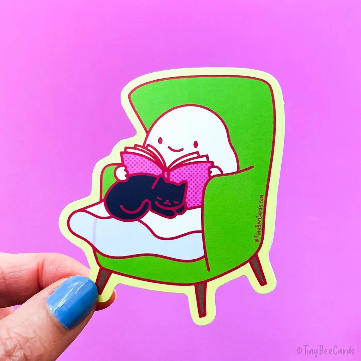 Tiny Bee Cards - Cozy Ghost with Cat & Book Vinyl Sticker