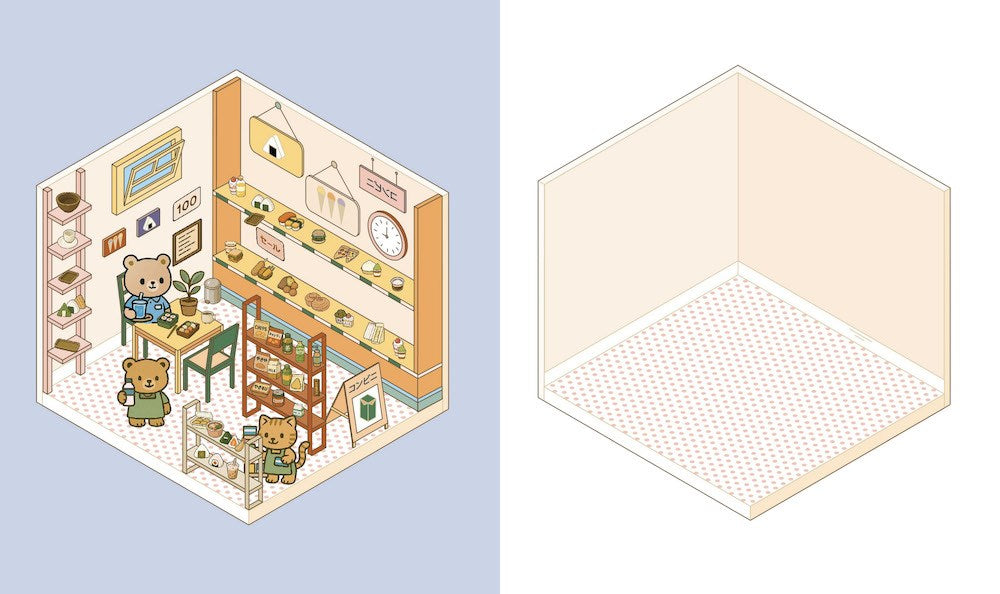 Create the coziest "konbini" convenience store imaginable, with six room sets and hundreds of stickers…

Welcome to a cozy world of absolute cuteness! Pick an empty space; furnish it, decorate it and fill it with furry little characters until it's a busy little convenience store. Then carry on until you've created your own unique keepsake: there are six to complete in this book!