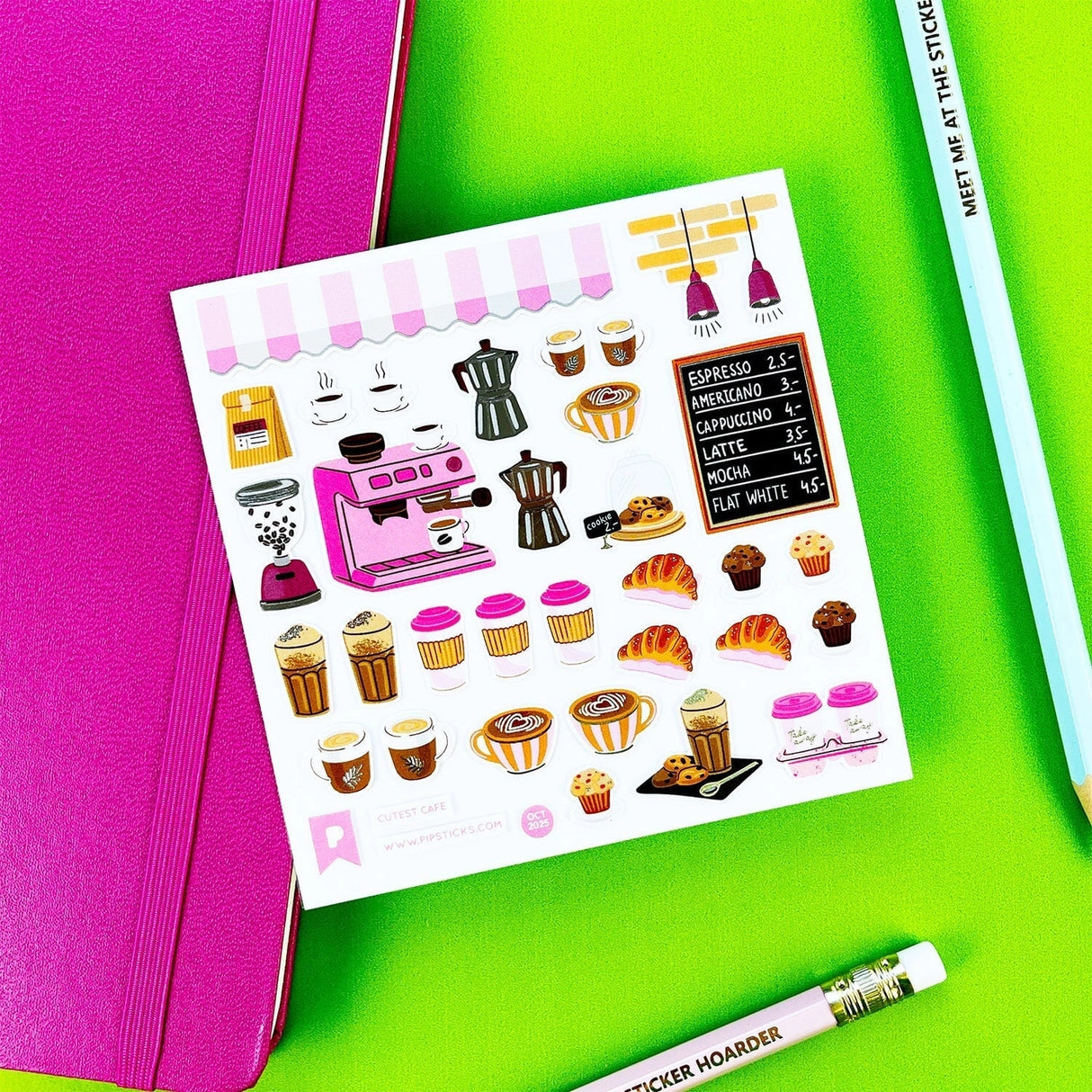 PipStickers are the PERFECT gift for the sticker lover in your life - even if it's you! These unique PVC designs with silver foil accents come on a clear backing and cannot be found anywhere else.

Includes one 4" x 4" sheet of Cutest Cafe PipStickers and includes the Pipsticks manifesto.