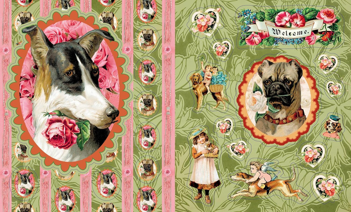Part of bestselling designer Cynthia Hart's Victoriana Dogs stationery line, here is a curated collection of 340 stickers that allow adults and children to add a touch of beauty to any surface with these beautiful images of cute pups and playful dogs. Vintage-style fabric with dog illustrations and decorative elements on a green background