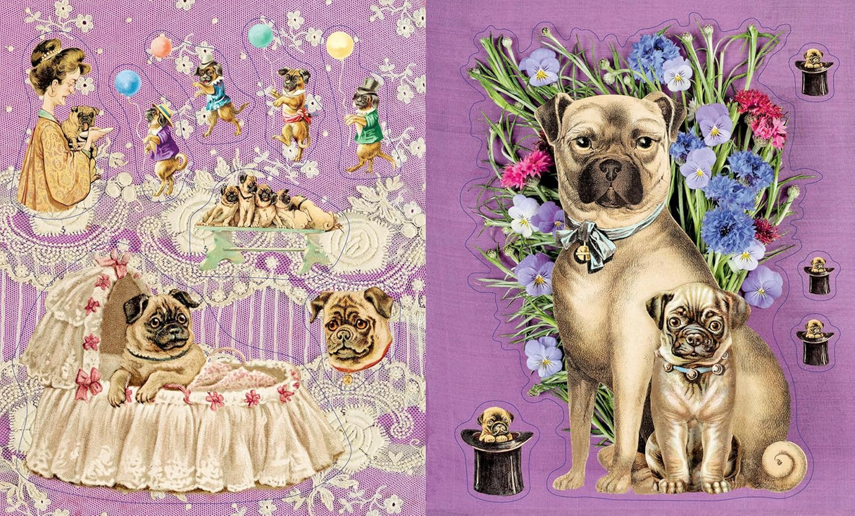 Part of bestselling designer Cynthia Hart's Victoriana Dogs stationery line, here is a curated collection of 340 stickers that allow adults and children to add a touch of beauty to any surface with these beautiful images of cute pups and playful dogs. Two pug-themed greeting cards with decorative elements on a purple background.