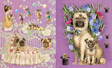 Part of bestselling designer Cynthia Hart's Victoriana Dogs stationery line, here is a curated collection of 340 stickers that allow adults and children to add a touch of beauty to any surface with these beautiful images of cute pups and playful dogs. Two pug-themed greeting cards with decorative elements on a purple background.