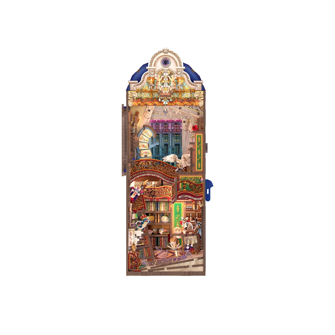 Venture into a realm where knowledge is power and magic lingers in the air with this captivating DIY book nook kit that brings a spellbinding scene to life-complete with soaring shelves, glowing lanterns, and a majestic white owl mid-flight, guiding the way through ancient tomes and arcane secrets.