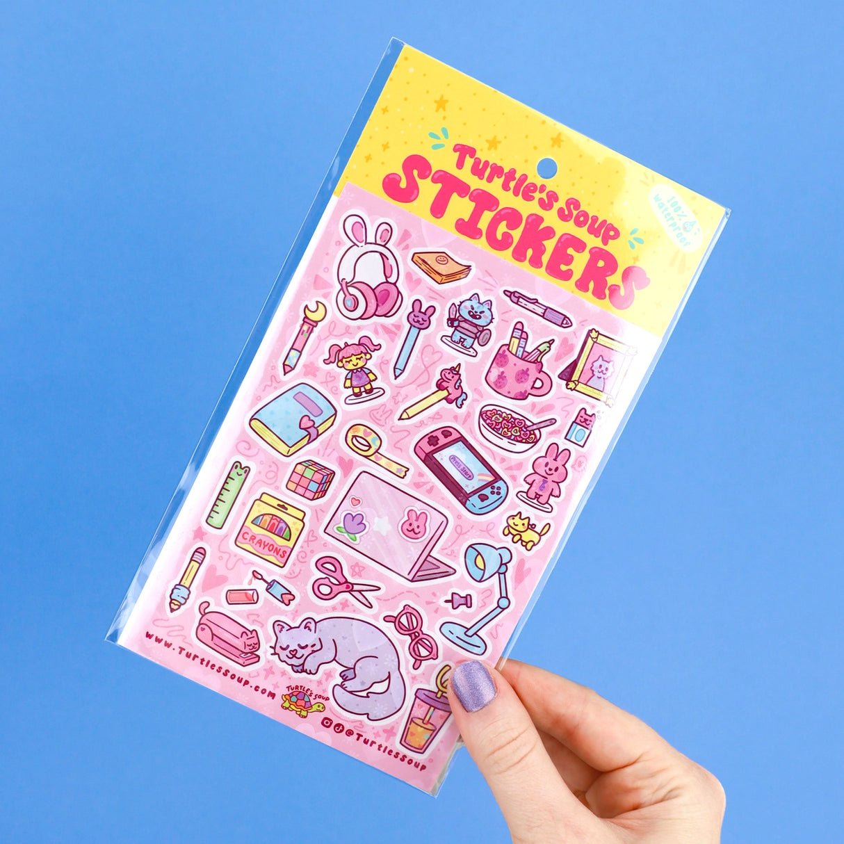 🐢 Our Kiss Cut Sticker Sheets are 4 inches by 6 inches and include one (1) sheet per package, with 10 to 20 individual waterproof, stickers on each.&nbsp;

🐢 Each sheet is enclosed in a sleeve with an art backing card and are retail-ready!

🐢 Stick them on water bottles, laptops, cars, coolers, helmets, skateboards, or just about any flat surface you can think of.&nbsp;
