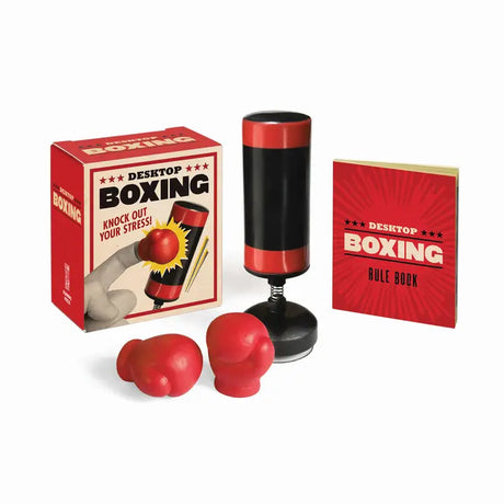 For boxing fans and desk jockeys alike, Desktop Boxing is the perfect desk accessory for fun yet effective stress relief. Don't take out your stress on your coworkers, take it out on this mini punching bag!

Box includes:

A mini desktop punching bag with suction cup base
Two tiny boxing gloves for your pointer fingers
A mini book with basic finger boxing moves and boxing trivia