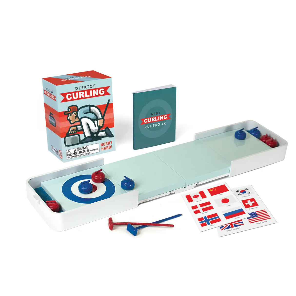 Hurl and sweep your way to fun with Desktop Curling!Challenge your friends and family to a game of patience and skill with this portable, miniature version of curling.

This kit includes:

12" extendable curling lane, with two platform inserts.
8 curling stones (4 red and 4 blue)
2 mini brooms
32-page illustrated mini book with the rules and history to this unique winter