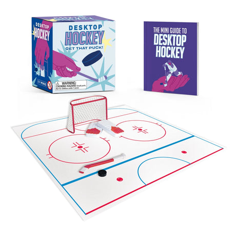 Bring the excitement and chill of the rink to your desktop with this miniature hockey set that you play with your fingers!

Everything you need to play:

Hockey "ice rink" mat
&nbsp;1 mini hockey stick
1 goal net
2 goal pads for your fingers
1 mini puck
Illustrated Mini Book: Includes a 32-page, 2 x 3-inch miniature book with a brief history and rules of the sport, trivia, and more

Unique gift: Perfect for hockey fans of all ages