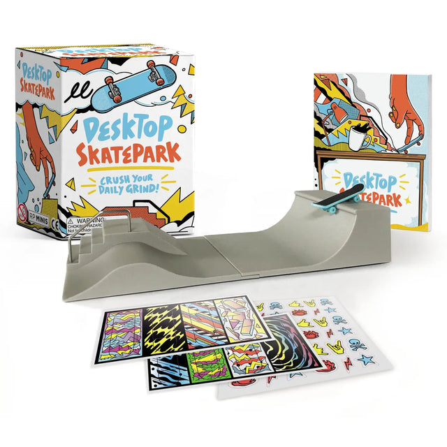 Desktop Skatepark has everything you need to assemble a miniature skatepark and do some fingerboarding right at your desk!

MINI SKATEBOARD Includes:

1-1/2 inch mini skateboard with movable wheels
ONE-OF-A-KIND MINI SKATEPARK PIECES: A mini quarterpipe and funbox--includes a bank ramp, stair set, grind rail, and wave ramp
CUSTOMIZABLE: Incudes 2 sheets of full-color stickers to deck out your board
BOOK INCLUDED: Instructional mini book on fingerboarding, accompanied by full-color illustrations