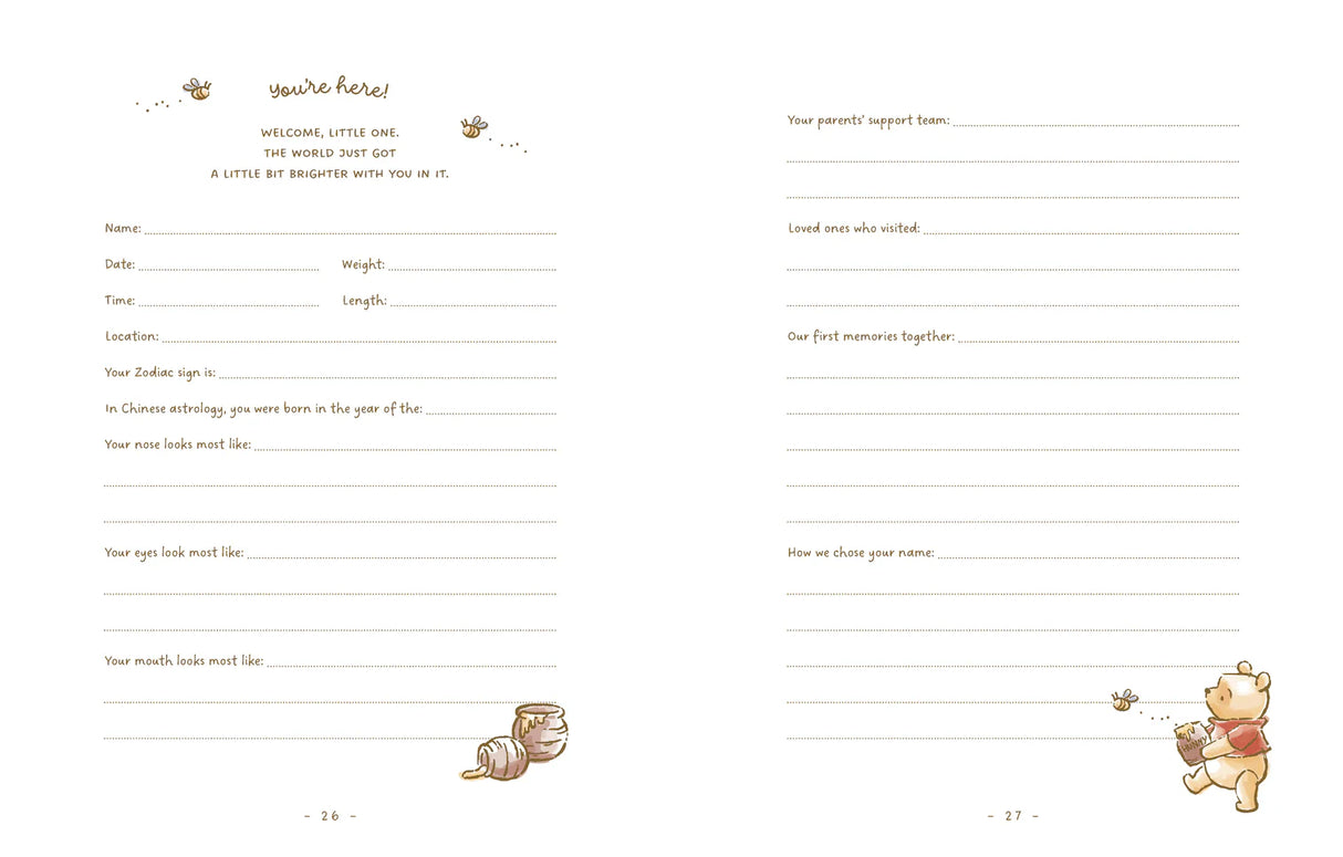 Create a heartfelt, Pooh Bear–inspired heirloom to be loved by your family for years to come. Complete with adorable illustrations from the Hundred-Acre-Wood, this charming scrapbook journal invites you to record important moments, save precious keepsakes from baby's first years, and fill each page with unforgettable memories to treasure for a lifetime.