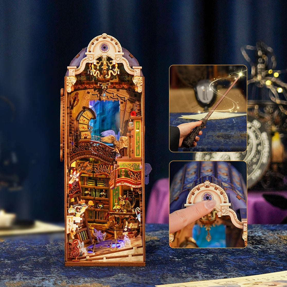 Venture into a realm where knowledge is power and magic lingers in the air with this captivating DIY book nook kit that brings a spellbinding scene to life-complete with soaring shelves, glowing lanterns, and a majestic white owl mid-flight, guiding the way through ancient tomes and arcane secrets.