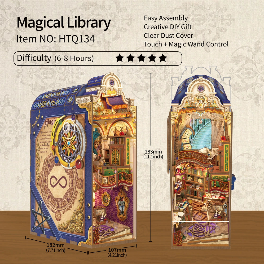 Venture into a realm where knowledge is power and magic lingers in the air with this captivating DIY book nook kit that brings a spellbinding scene to life-complete with soaring shelves, glowing lanterns, and a majestic white owl mid-flight, guiding the way through ancient tomes and arcane secrets.