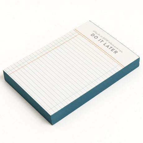 Procrastinators, rejoice—the Do It Later Notepad is here to validate your vibe. This 4x6” memo pad features 120 ledger-style sheets with playful blue gilded edges and a cheeky header that reads, “Why do it now when you can do it later.” Compact and colorful, it’s perfect for jotting down tasks, reminders, or notes you’ll definitely get to… eventually. Whether you’re managing a mile-long to-do list or just need a stylish place to doodle, this notepad adds a pop of personality to your desk. Makes a fun gift f