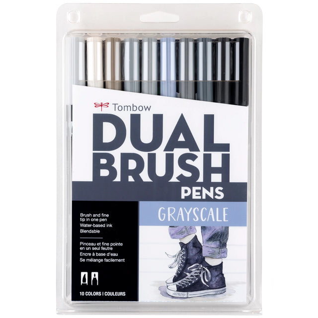 New, updated color palette! Set of 10 colors. Dual Brush Pens feature flexible brush tip and fine tip in one marker. Brush tip works like a paintbrush to create fine, medium or bold strokes; fine tip gives consistent lines. Dual Brush Pens are ideal for artists and crafters. The water-based ink is blendable and the resilient nylon brush retains its point stroke after stroke. Colors include: N95 Cool Gray 1, N89 Warm Gray 1, N79 Warm Gray 2, N75 Cool Gray 3, N65 Cool Gray 5, N60 Cool Gray 6, N55 Cool Gray 7,
