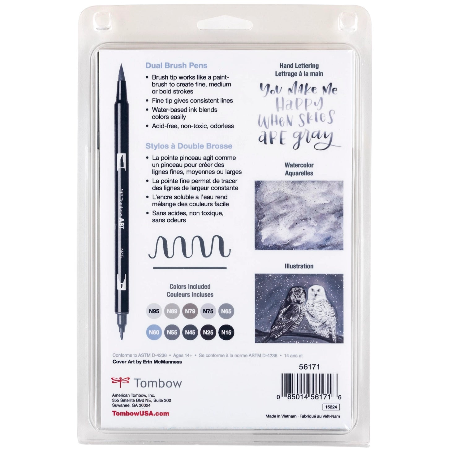 New, updated color palette! Set of 10 colors. Dual Brush Pens feature flexible brush tip and fine tip in one marker. Brush tip works like a paintbrush to create fine, medium or bold strokes; fine tip gives consistent lines. Dual Brush Pens are ideal for artists and crafters. The water-based ink is blendable and the resilient nylon brush retains its point stroke after stroke. Colors include: N95 Cool Gray 1, N89 Warm Gray 1, N79 Warm Gray 2, N75 Cool Gray 3, N65 Cool Gray 5, N60 Cool Gray 6, N55 Cool Gray 7,