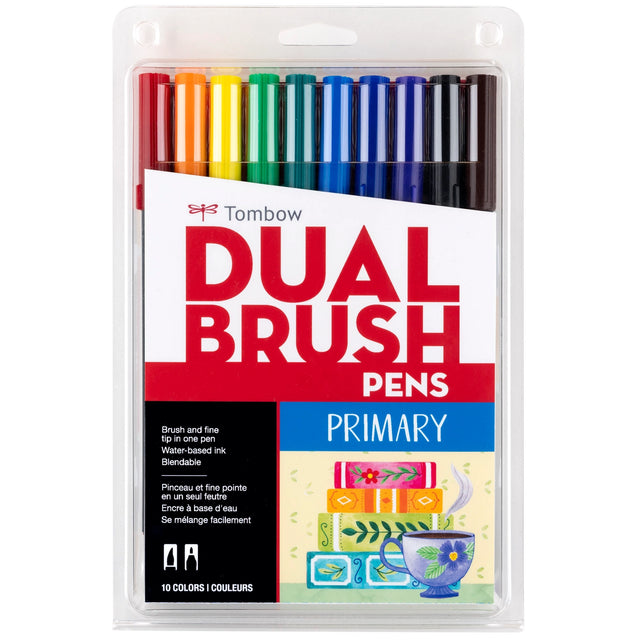 New, updated color palette! Set of 10 colors. Dual Brush Pens feature flexible brush tip and fine tip in one marker. Brush tip works like a paintbrush to create fine, medium or bold strokes; fine tip gives consistent lines. Dual Brush Pens are ideal for artists and crafters. The water-based ink is blendable and the resilient nylon brush retains its point stroke after stroke.