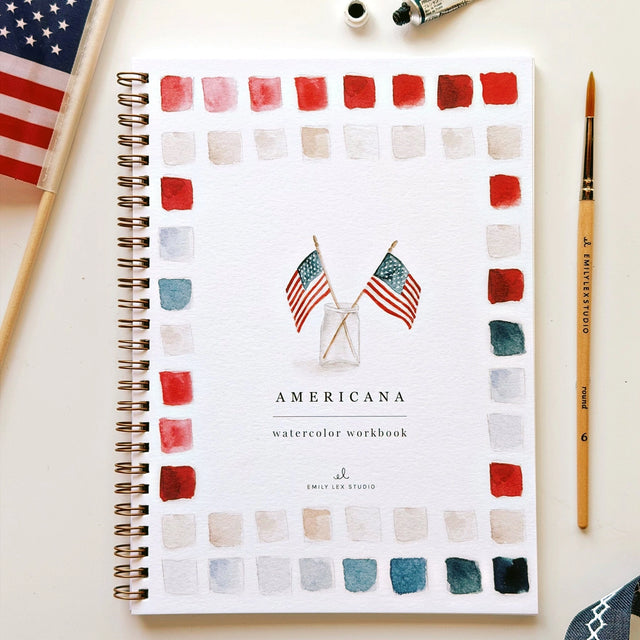 Twelve illustrations of flags, stars, and classic summer scenes — each pre-outlined with step-by-step instructions. Paintings take about thirty minutes from start to finish, making it approachable for first-time painters and a favorite for gifting.

A timely release for America's 250th anniversary in 2026. A strong May–July seller and a natural fit for home, gift, and patriotic-themed boutiques.

12 beginner-friendly illustrations
Thick 120lb watercolor paper&nbsp;
Lay-flat pages with spiral binding for has