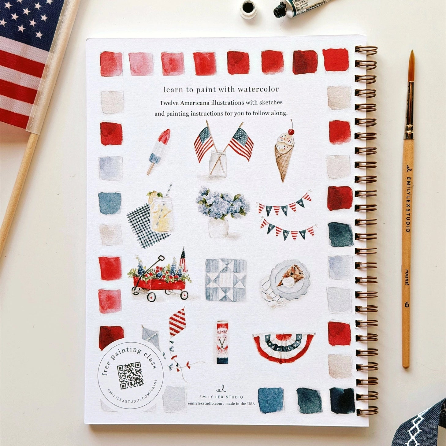 Twelve illustrations of flags, stars, and classic summer scenes — each pre-outlined with step-by-step instructions. Paintings take about thirty minutes from start to finish, making it approachable for first-time painters and a favorite for gifting.

A timely release for America's 250th anniversary in 2026. A strong May–July seller and a natural fit for home, gift, and patriotic-themed boutiques.

12 beginner-friendly illustrations
Thick 120lb watercolor paper&nbsp;
Lay-flat pages with spiral binding for has