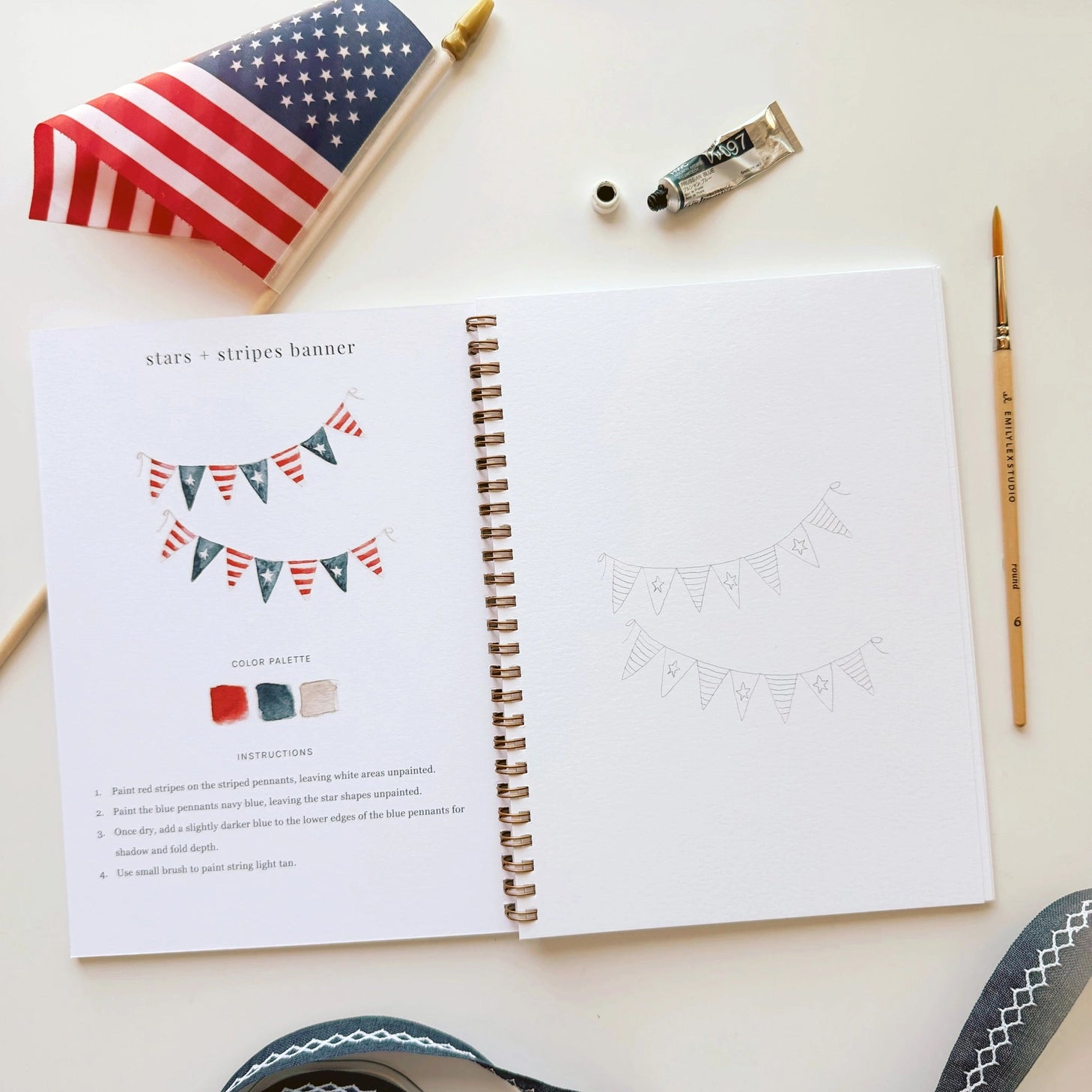 Twelve illustrations of flags, stars, and classic summer scenes — each pre-outlined with step-by-step instructions. Paintings take about thirty minutes from start to finish, making it approachable for first-time painters and a favorite for gifting.

A timely release for America's 250th anniversary in 2026. A strong May–July seller and a natural fit for home, gift, and patriotic-themed boutiques.

12 beginner-friendly illustrations
Thick 120lb watercolor paper&nbsp;
Lay-flat pages with spiral binding for has