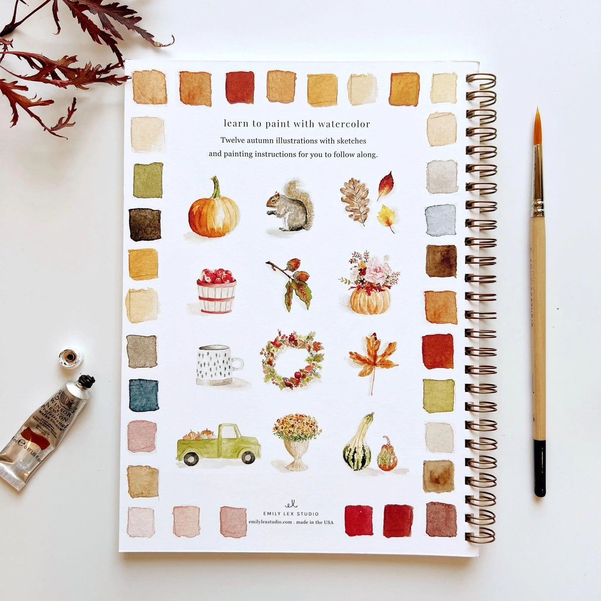Twelve autumn illustrations — a pumpkin, squirrel, fall leaves, vintage truck, mum bouquet, fall wreath, and more — each pre-outlined with step-by-step instructions. Paintings take about thirty minutes from start to finish, making it approachable for first-time painters and a favorite for gifting.

12 beginner-friendly illustrations
Thick 120lb watercolor paper&nbsp;
Lay-flat pages with spiral binding for hassle-free painting and easy tear-out&nbsp;
Lightly outlined sketches to guide you&nbsp;
Easy to carry