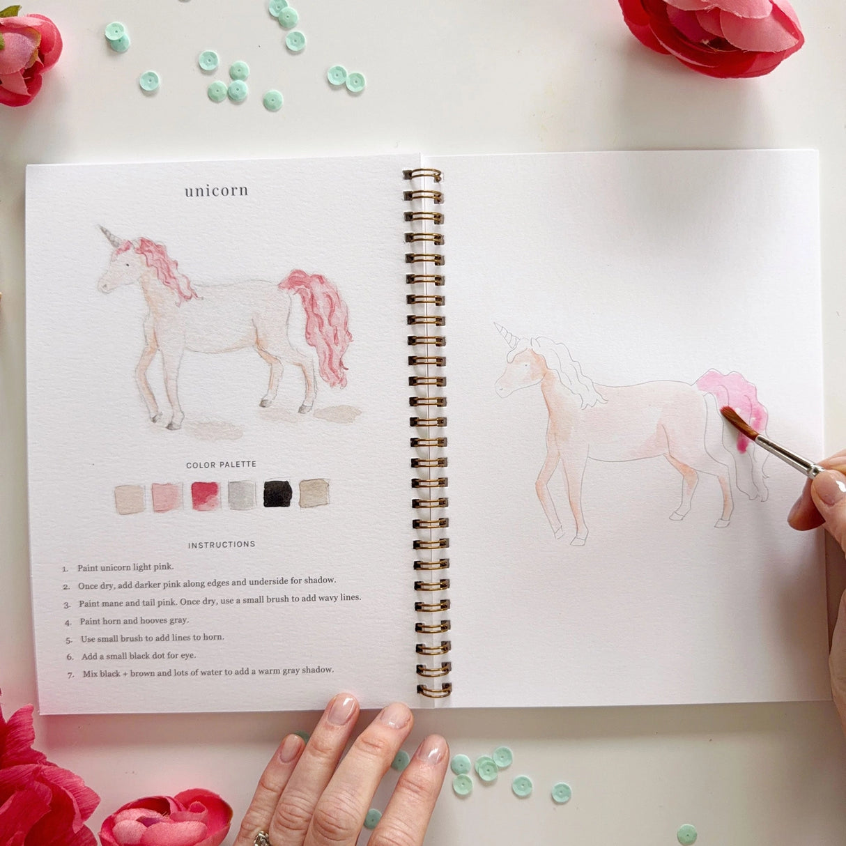Twelve storybook illustrations — a princess, castle, dragon, mermaid, fairy, unicorn, and more — each pre-outlined with step-by-step instructions. Paintings take about thirty minutes from start to finish, making it a favorite for young painters and the grown-ups who paint alongside them.

12 beginner-friendly illustrations
Thick 120lb watercolor paper&nbsp;
Lay-flat pages with spiral binding for hassle-free painting and easy tear-out&nbsp;
Lightly outlined sketches to guide you&nbsp;
Easy to carry, travel-r