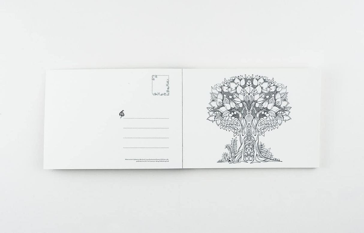 20 detachable postcards to decorate, color in, and send to your friends. That's if you can bear to part with them! From the book Enchanted Forest: An Inky Quest and Coloring Book by Johanna Basford, Laurence King Publishing, 2015.