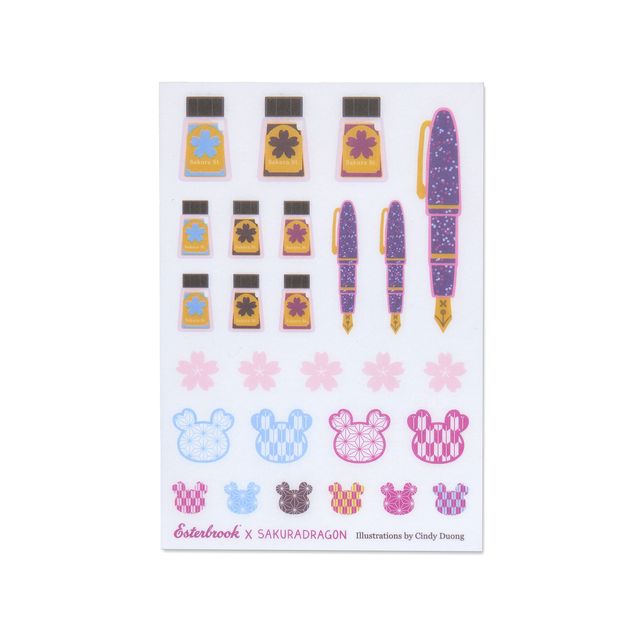 Add the whimsy of Sakura Street to journals, planners, and letters with this premium matte washi sticker sheet. Cindy Duong's original designs include the Sakura Street Estie, coordinating ink bottles, sakura blossoms, and the artist's Sakura Dragon, along with decorative elements drawn from the wider collection.