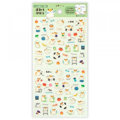This sticker has a translucent and matte texture that blends in with the notebook.
It can be separated with perforations and carried as much as necessary.
I drew Hamnosuke of a hamster who works muscle training, running, swimming, etc.
Recommended for those who want to exercise hard.


1 Sheet included
165× 90mm
Transparent seal