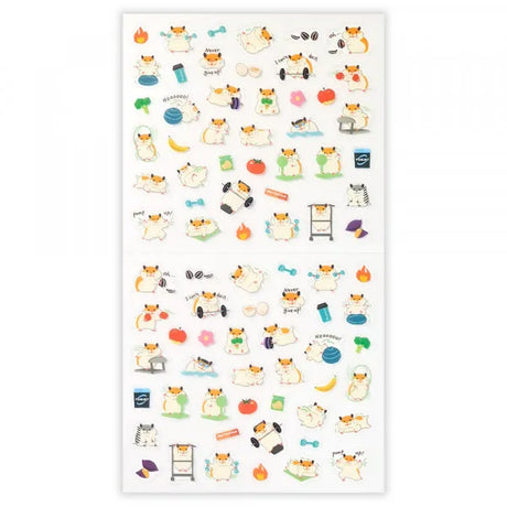 This sticker has a translucent and matte texture that blends in with the notebook.
It can be separated with perforations and carried as much as necessary.
I drew Hamnosuke of a hamster who works muscle training, running, swimming, etc.
Recommended for those who want to exercise hard.


1 Sheet included
165× 90mm
Transparent seal