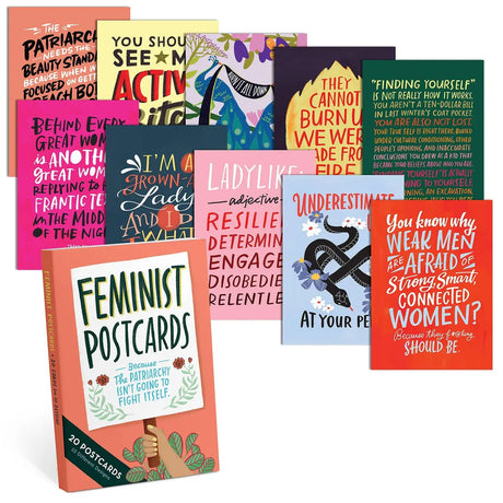 Give the grown-ass ladies and badass girls in your life a boost of feminist fire with this postcard book (20 cards, 10 designs). And if you’re the type to send postcards to politicians, these are sure to send a message: The future is feMAIL. (Sorry, we had to make that joke.)

Twenty extra-large 5" x 7" postcards with card stock cover
2 each of 10 different designs (20 total postcards)