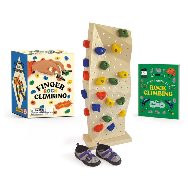 Put on your mini climbing shoes and get ready to practice your climbing skills anywhere you wish with your very own Finger Rock Climbing kit!

Specifications: A 6-1/2-inch rock climbing "wall" with base, 20 rearrangeable holds to create different paths, in four different colors, and one pair of rock climbing shoes for your fingers
Illustrated mini book: Includes a 32-page 2x3-inch miniature book with a brief history of the sport, along with common terminology, and basic do's and dont's.

A Unique Gift: Perf