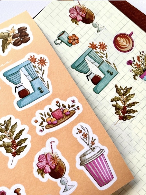 Hoja de pegatinas washi con motivos florales de café