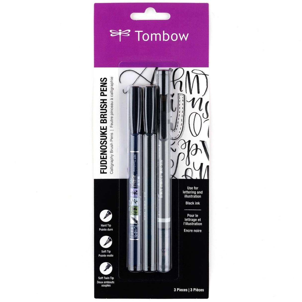 Contains the soft, hard tip and twin tip Fudenosuke Brush Pens.

Features a flexible brush tip for different lettering and drawing techniques. Create extra-fine, fine, or medium strokes by a change in brush pressure. Great for calligraphy and art drawings.

Soft tip, hard tip, and twin tip– water-based, pigmented black ink.
Odorless.
Non-refillable.