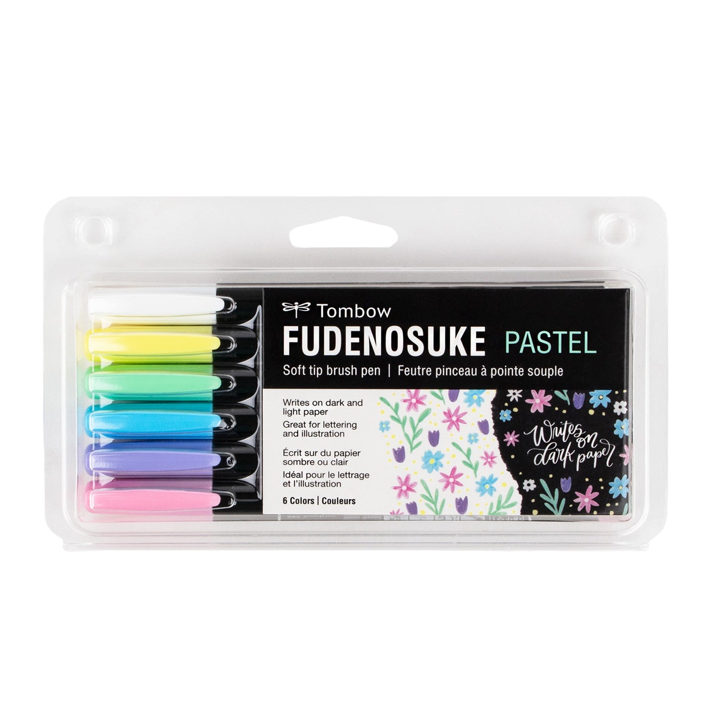 The first Fudenosuke Brush Pen that writes on dark paper!

Soft, flexible brush tip creates thick and thin lines by changing pen pressure. Water-based pigment ink appears as brilliant pastel colors on white paper and chalky pastels on dark paper. When using on dark paper, ink initially appears transparent and color intensifies as it dries.

For optimal opacity on dark paper, apply 2-3 layers to intensify saturation. The water-resistant ink won’t bleed through most papers.

Great for beginner brush calligrap