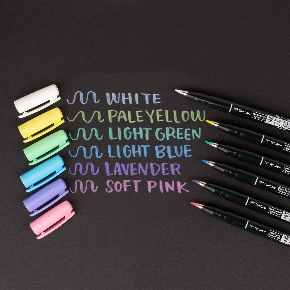 The first Fudenosuke Brush Pen that writes on dark paper!

Soft, flexible brush tip creates thick and thin lines by changing pen pressure. Water-based pigment ink appears as brilliant pastel colors on white paper and chalky pastels on dark paper. When using on dark paper, ink initially appears transparent and color intensifies as it dries.

For optimal opacity on dark paper, apply 2-3 layers to intensify saturation. The water-resistant ink won’t bleed through most papers.

Great for beginner brush calligrap