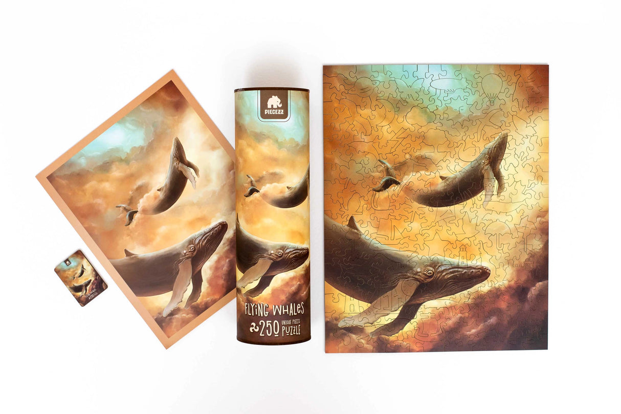 Embark on a whimsical adventure through the skies with our Flying Whales Piecezz Wooden Puzzle. This captivating wooden puzzle invites both kids and adults to take flight alongside majestic flying whales, offering hours of imaginative and engaging play. Dive into the details of this remarkable animal-shaped puzzle that promises delightful adventures.