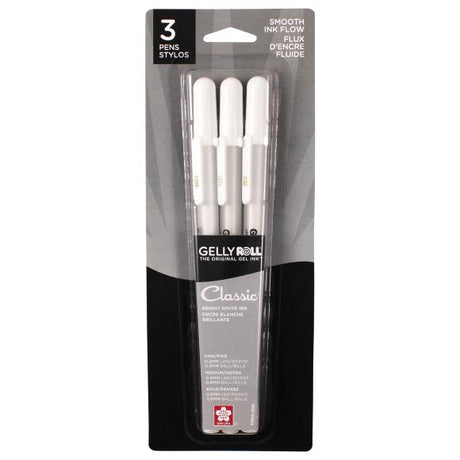 Sakura has perfected the smooth ink flow technology of Gelly Roll Classic White pens. The opaque white ink stands out on dark and colored papers. Highlights pop in illustrations and comics. Use it for hand lettering accents, party crafts, layered on top of colors for mixed media and bright highlights in tonal drawings. Use a range of thick and thin lines, small detail and unique bold marks with the variety of nib sizes.