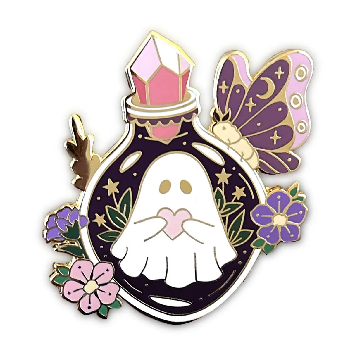 Keep this lucky ghost full of love and their moth friend with you wherever you go. 

✦ Hard enamel
✦ Shiny gold metal
✦ 2 inches
✦ 2 Posts for extra security
✦ Rubber backings
✦ Back stamped for authenticity

Comes packaged on a backing card.