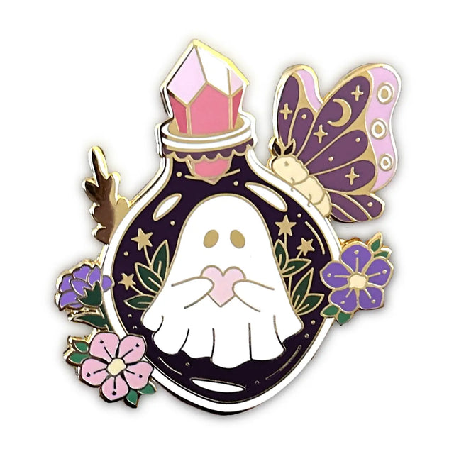 Keep this lucky ghost full of love and their moth friend with you wherever you go. 

✦ Hard enamel
✦ Shiny gold metal
✦ 2 inches
✦ 2 Posts for extra security
✦ Rubber backings
✦ Back stamped for authenticity

Comes packaged on a backing card.