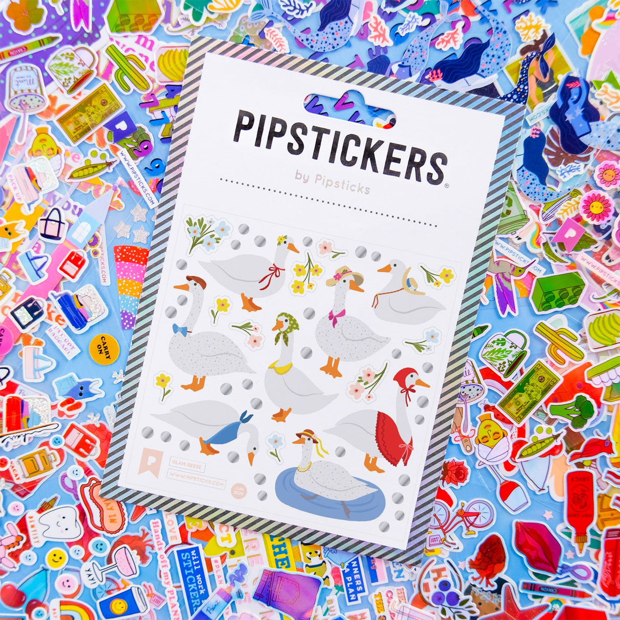 PipStickers are the PERFECT gift for the sticker lover in your life - even if it's you! These unique PVC designs with silver foil accents come on a clear backing and cannot be found anywhere else.&nbsp;

Includes one 4" x 4" sheet of Glam Geese PipStickers and includes the Pipsticks manifesto.