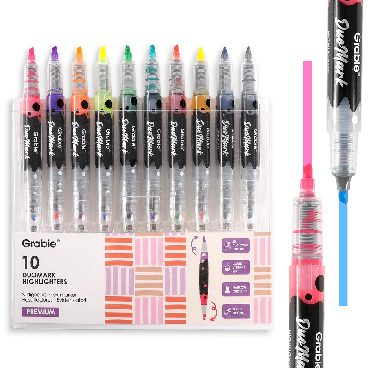 Unleash your creativity with the Grabie DuoMark Highlighter Set. This innovative set redefines highlighting by offering 20 vibrant, dual-tone colors in a compact and portable package. Designed for students, professionals, and artists alike, these highlighters are more than just a tool—they're a gateway to vivid and organized expression. Elevate your notes, journals, and art projects with a single set that offers endless possibilities. 

20 DUAL TONE COLORS - Get the ultimate color palette with a set of 10 h