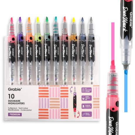 Unleash your creativity with the Grabie DuoMark Highlighter Set. This innovative set redefines highlighting by offering 20 vibrant, dual-tone colors in a compact and portable package. Designed for students, professionals, and artists alike, these highlighters are more than just a tool—they're a gateway to vivid and organized expression. Elevate your notes, journals, and art projects with a single set that offers endless possibilities. 

20 DUAL TONE COLORS - Get the ultimate color palette with a set of 10 h