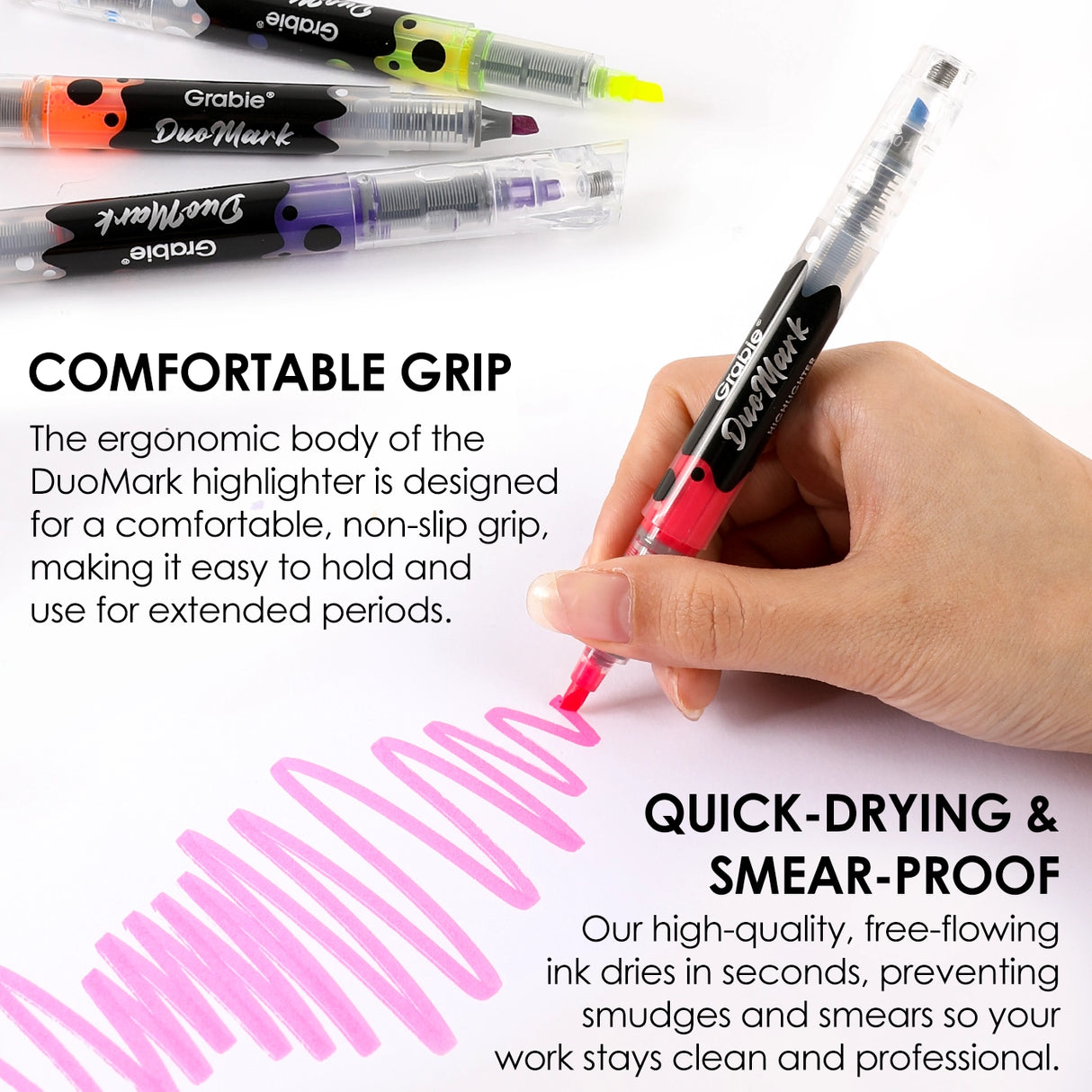 Unleash your creativity with the Grabie DuoMark Highlighter Set. This innovative set redefines highlighting by offering 20 vibrant, dual-tone colors in a compact and portable package. Designed for students, professionals, and artists alike, these highlighters are more than just a tool—they're a gateway to vivid and organized expression. Elevate your notes, journals, and art projects with a single set that offers endless possibilities. 

20 DUAL TONE COLORS - Get the ultimate color palette with a set of 10 h