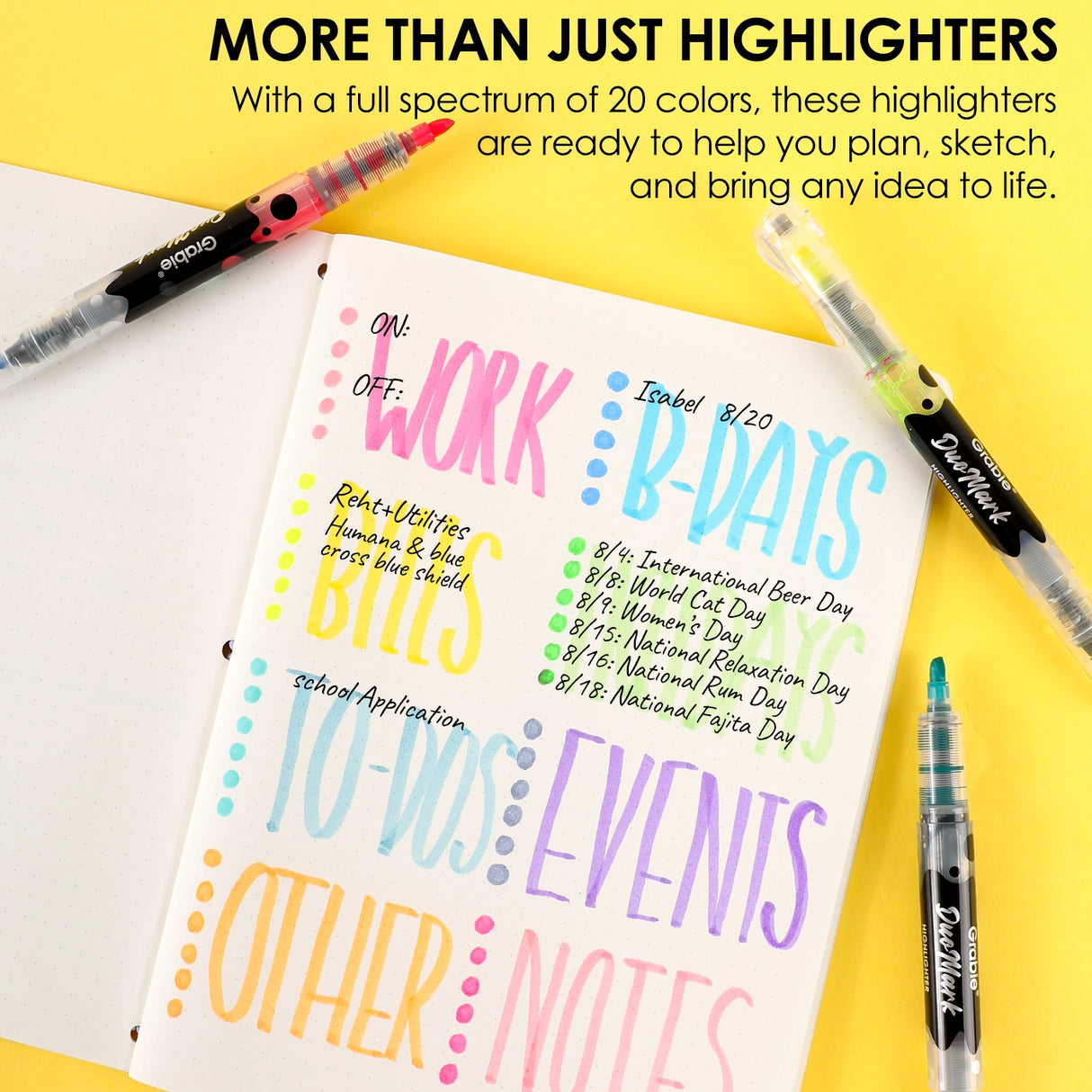 Unleash your creativity with the Grabie DuoMark Highlighter Set. This innovative set redefines highlighting by offering 20 vibrant, dual-tone colors in a compact and portable package. Designed for students, professionals, and artists alike, these highlighters are more than just a tool—they're a gateway to vivid and organized expression. Elevate your notes, journals, and art projects with a single set that offers endless possibilities. 

20 DUAL TONE COLORS - Get the ultimate color palette with a set of 10 h