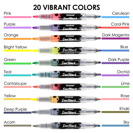 Unleash your creativity with the Grabie DuoMark Highlighter Set. This innovative set redefines highlighting by offering 20 vibrant, dual-tone colors in a compact and portable package. Designed for students, professionals, and artists alike, these highlighters are more than just a tool—they're a gateway to vivid and organized expression. Elevate your notes, journals, and art projects with a single set that offers endless possibilities. 

20 DUAL TONE COLORS - Get the ultimate color palette with a set of 10 h