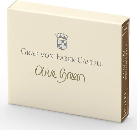 Each pack of Graf Von Faber-Castell cartridges come with 6 ink cartridges. These inks are document proofed: smudge-resistant, reproducible, light-fast and waterproof, cannot be erased and is resistant to many chemicals and solvents. Highest-quality ingredients.

Each cartridge is 0.86 ml.&nbsp;
6 ink cartridges
