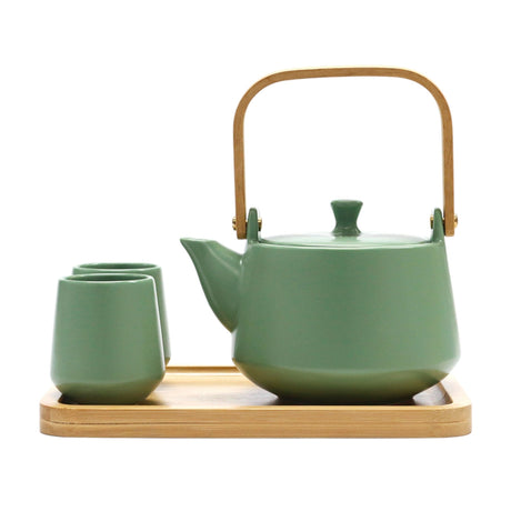 Teapot Size: 5.5"H Capacity: 22 fl oz
Cups Size: 2.4"H Capacity: 3 fl oz
Teapot comes with stainless steel strainer and wooden tray
Material: Porcelain
Origin: China