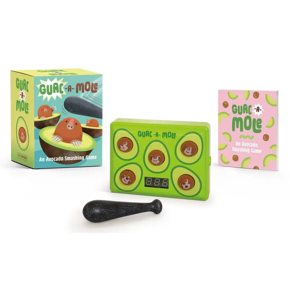 Guac-a-Mole is the perfectly portable whacking game! Race to bop the avocado-moles (aka guac-a-moles) when they light up before time runs out.

Specifications:

Mini game measures approx. 2-3/4 x 3-3/4 inches, featuring light and sound effects
Portable: Small size allows for some guac-a-mole bopping fun anytime, anywhere
Miniature book: Includes a companion mini book with full-color illustrations
Perfect gift: Makes a great gift item for fans of guacamole and/or Whac-a-Mole
Requires two AAA batteries (not i