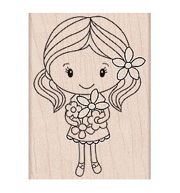 Sello de niña sosteniendo flores